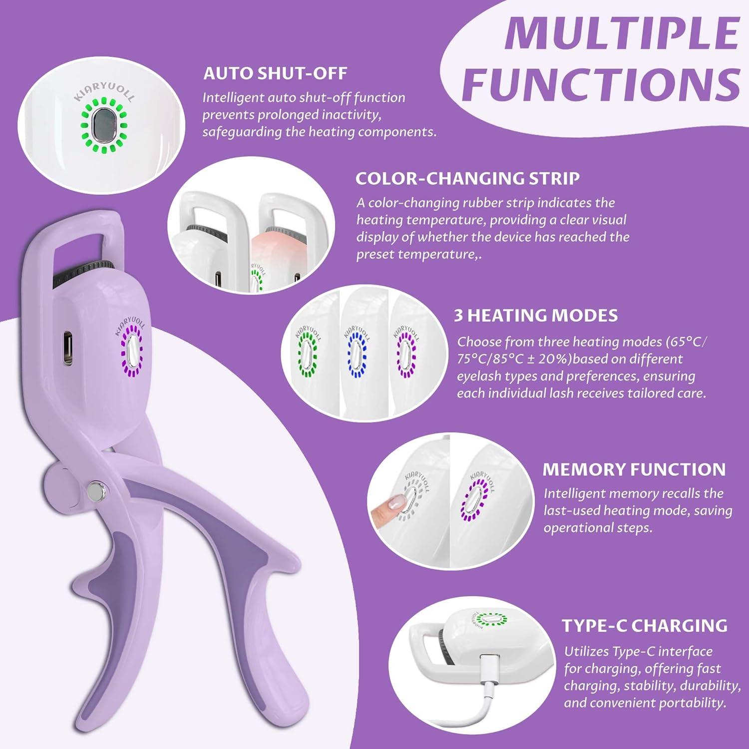 Electric Heated Eyelash Curler Kit Hot Lash Therapy Professional Eyelash Tools Battery Powered Lash Lifter Rechargeable Clamp for Various Eye Types Plastic Material (Colour Purple) - Lavender Haze-Purple image number 1