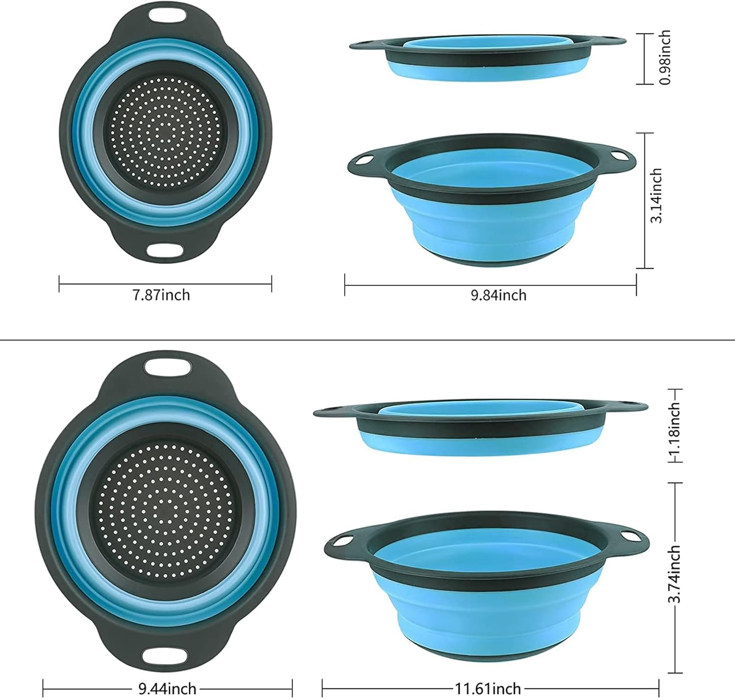 Basket Collapsible Colander Set of 2 round Silicone Kitchen Strainer Set - 1 Large 1 Small Perfect for Draining Pasta, Vegetable and Fruit(Blue) image number 1