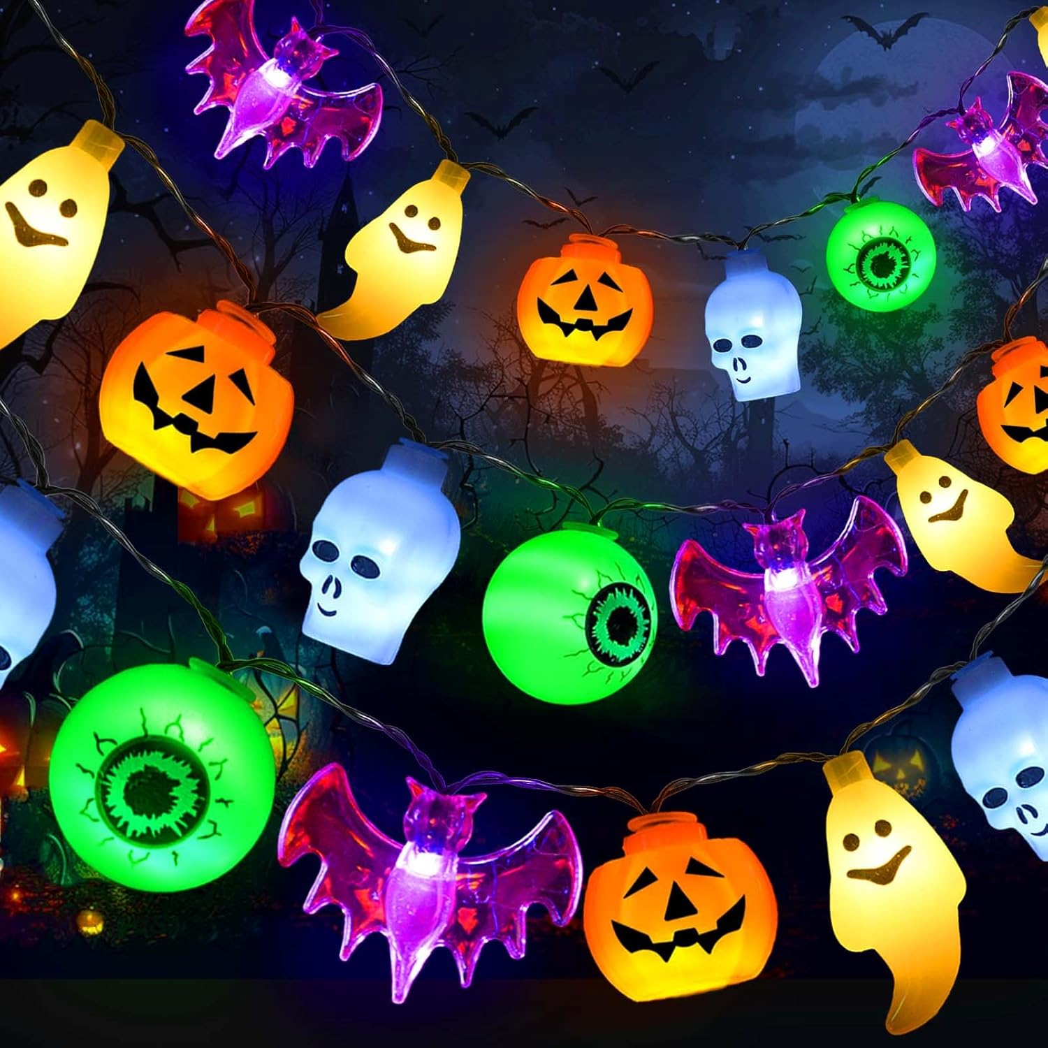 2024 Newset 5-IN-1 Solar Halloween String Lights for Outdoor Decor, Spooky Skull Bat Ghost Eyeball Pumpkin Lights for Halloween outside Window Door Golf Cart Camper Balcony Porch Railing Decorations image number 6