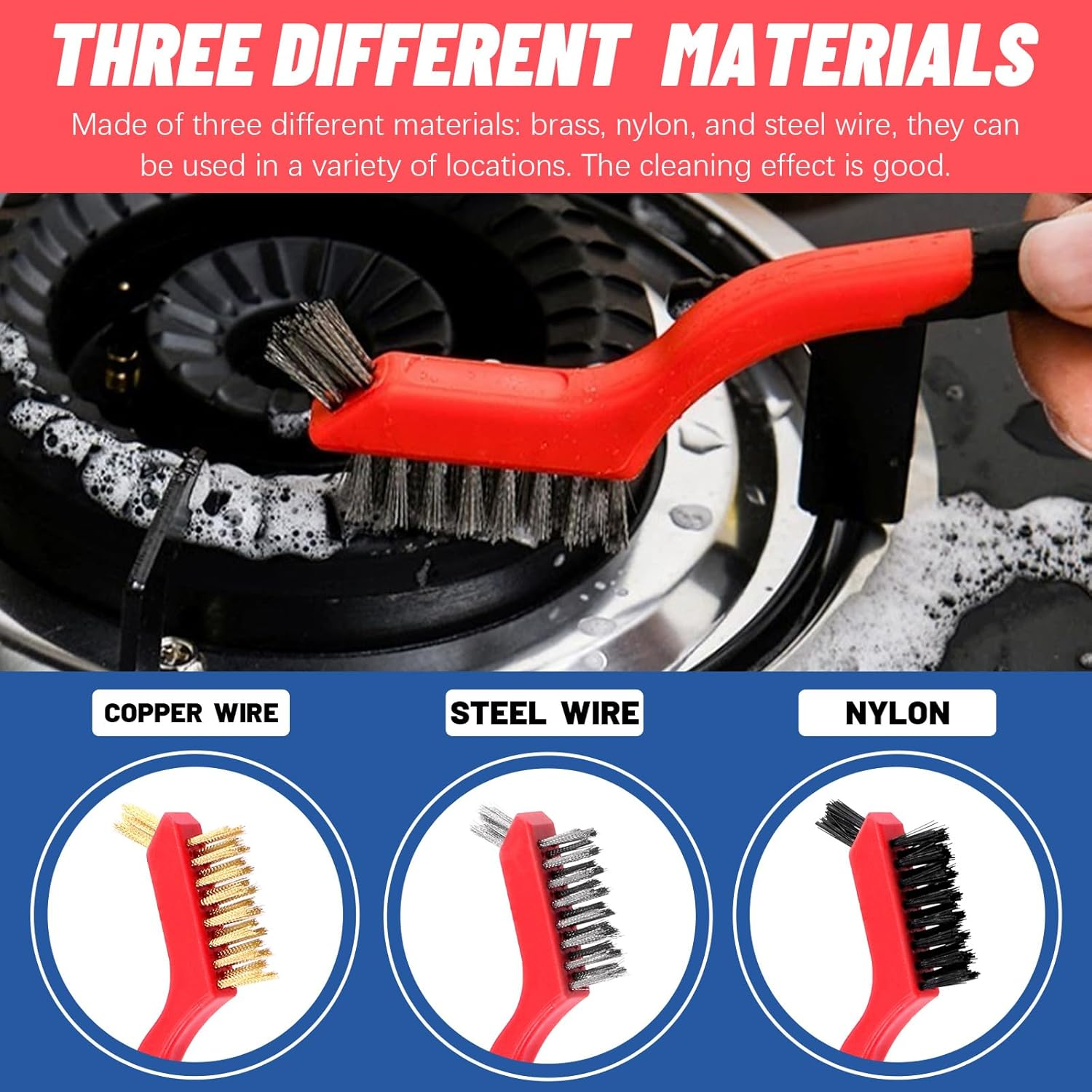 Glarks 10Pcs Wire Scratch Brush Set, Including 5Pcs Wire Wheel Cup Brushes, 3Pcs Brass/Nylon/Stainless Steel Brushes with Wood Handle Curved Grip, 2Pcs Stainless and Carbon Steel Wire Brush image number 5