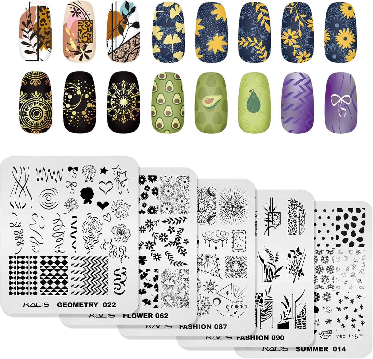 KADS 5Pcs Nail Stamp Plates Set Nails Art Stamping Plates Maple Leaves Avocado Flower Nail Plate Template Image Plate