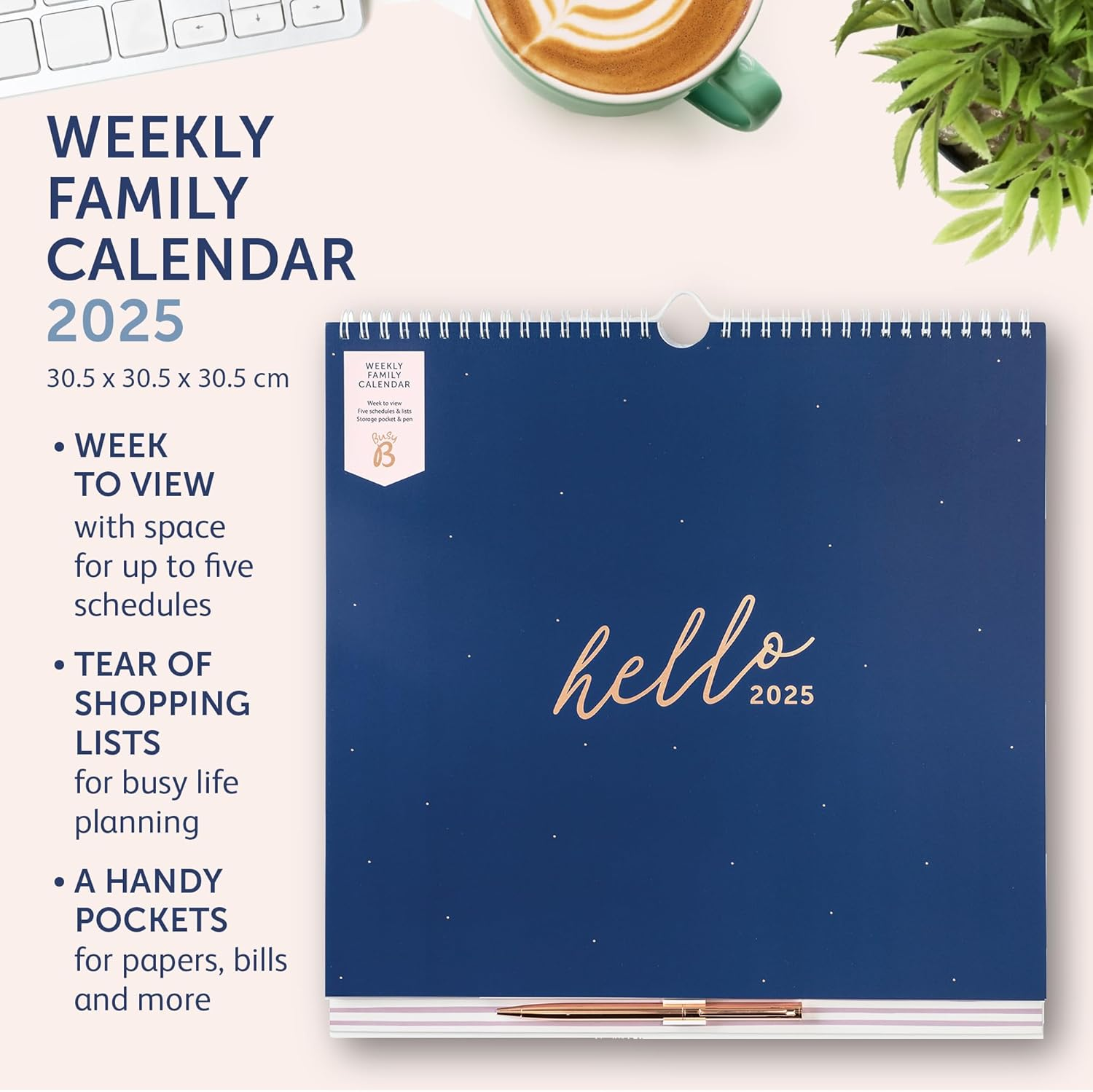Busy B 2025 Family Wall Calendar with Weekly View for 5 Members &ndash; Navy and Gold A4 Planner with Meal Plans, Shopping Lists, Stickers & Storage Pocket - Family Calendar for Home Organisation image number 1