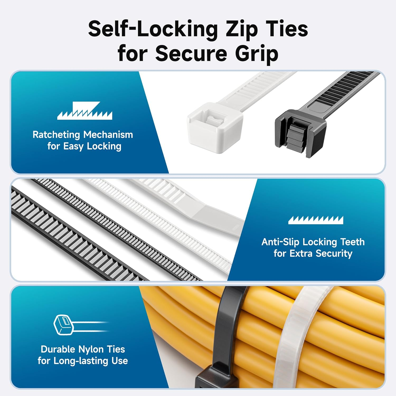 Cable Matters 140-Pack Cable Ties for Indoor and Outdoor, 6, 12-Inch Self-Locking Nylon Zip Ties Assorted Sizes, Wire Ties, Tie Wraps for Multiple Use, Self Locking Zipties in Black and White