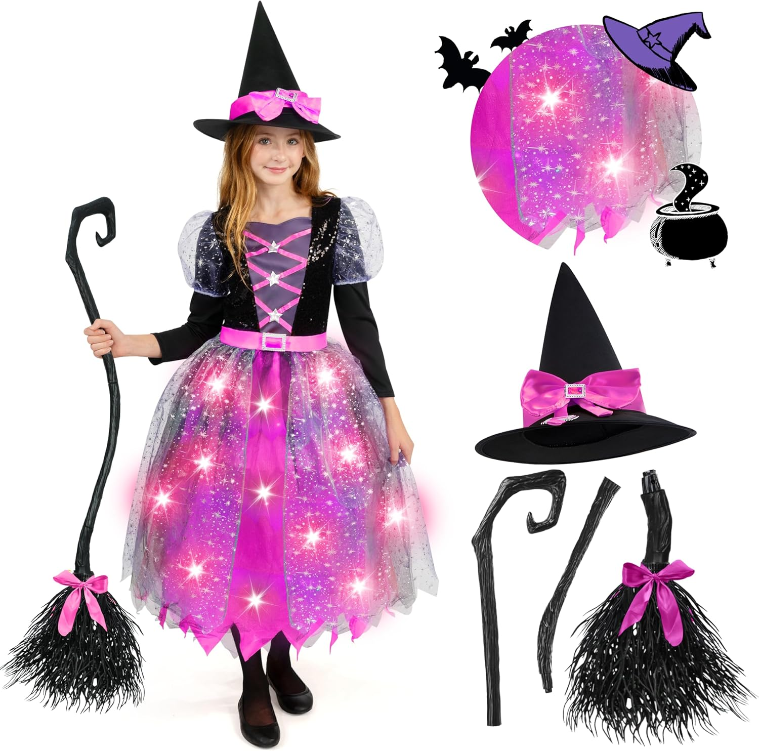Spooktacular Creations Witch Costume Kids, Light up Halloween Costumes Witch Dress with Hat and Broom, Halloween Parties image number 5