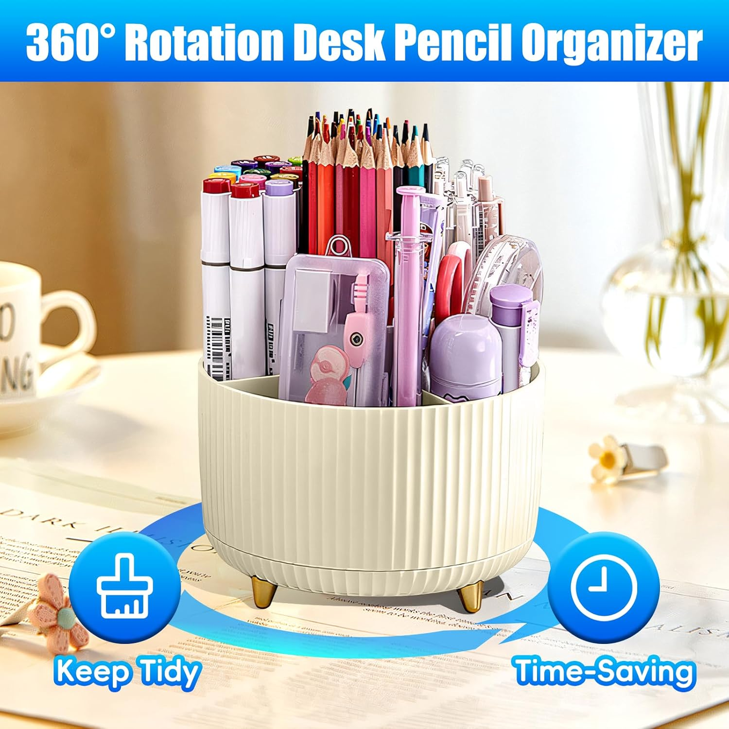 360 Degree Rotation Desk Organizer, Dual-Purpose Desktop Pencil Pen Holder Organizer for Home Office School Home (Beige) image number 2