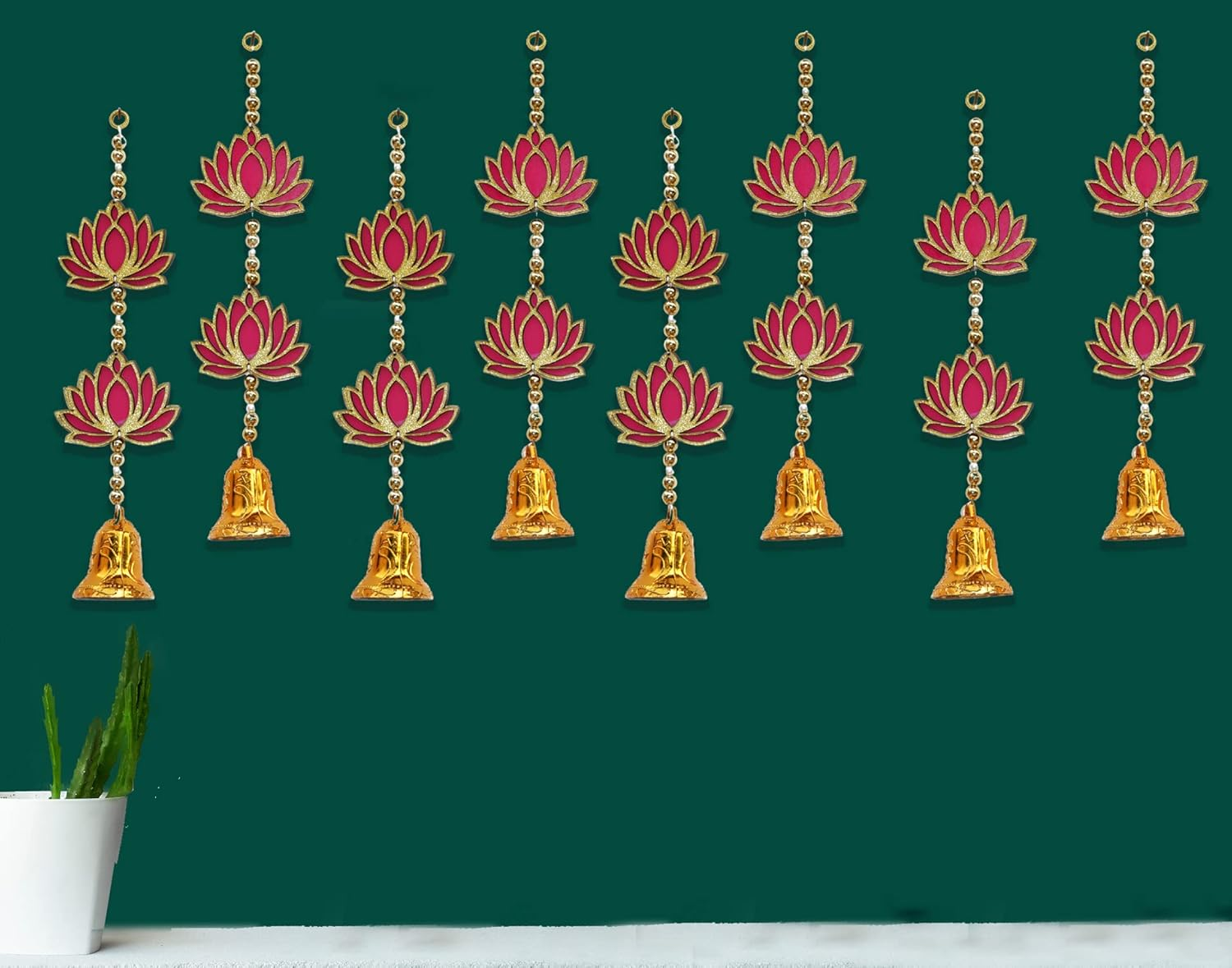 Craftvatika Lotus Floral Decoration with Bell Wall Hanging Strings for Home Decoration, Diwali, Wedding, All Festival Decoration, Decorative Item for Wall/Door/Window Hanging (Set of 8) image number 2