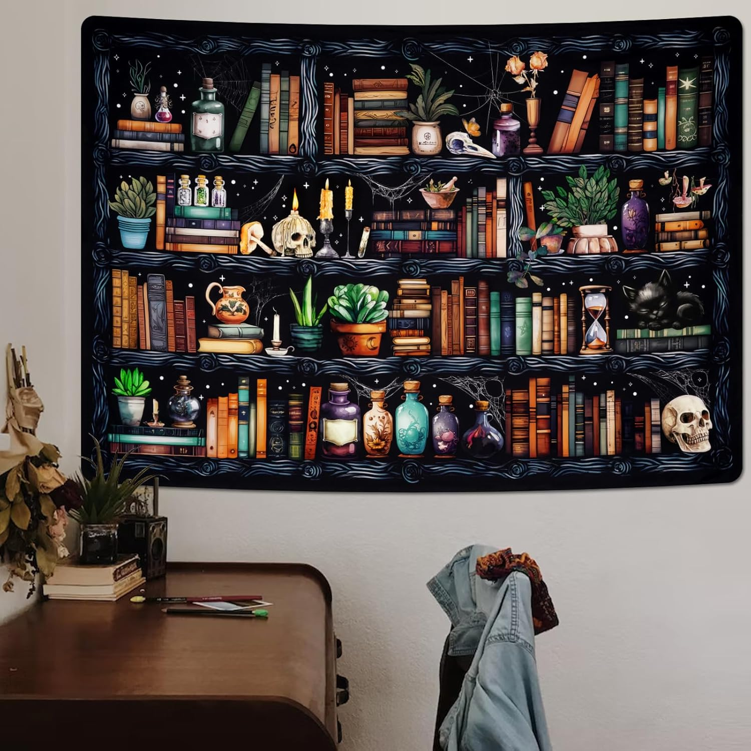 Uspring Bookshelf Tapestry Magical Book Tapestries Goth Skull Tapestry Vintage Botanical Tapestry Black Cat Wall Tapestry Hanging for Bedroom Home Decor (51.2 X 59.1Inches) image number 1