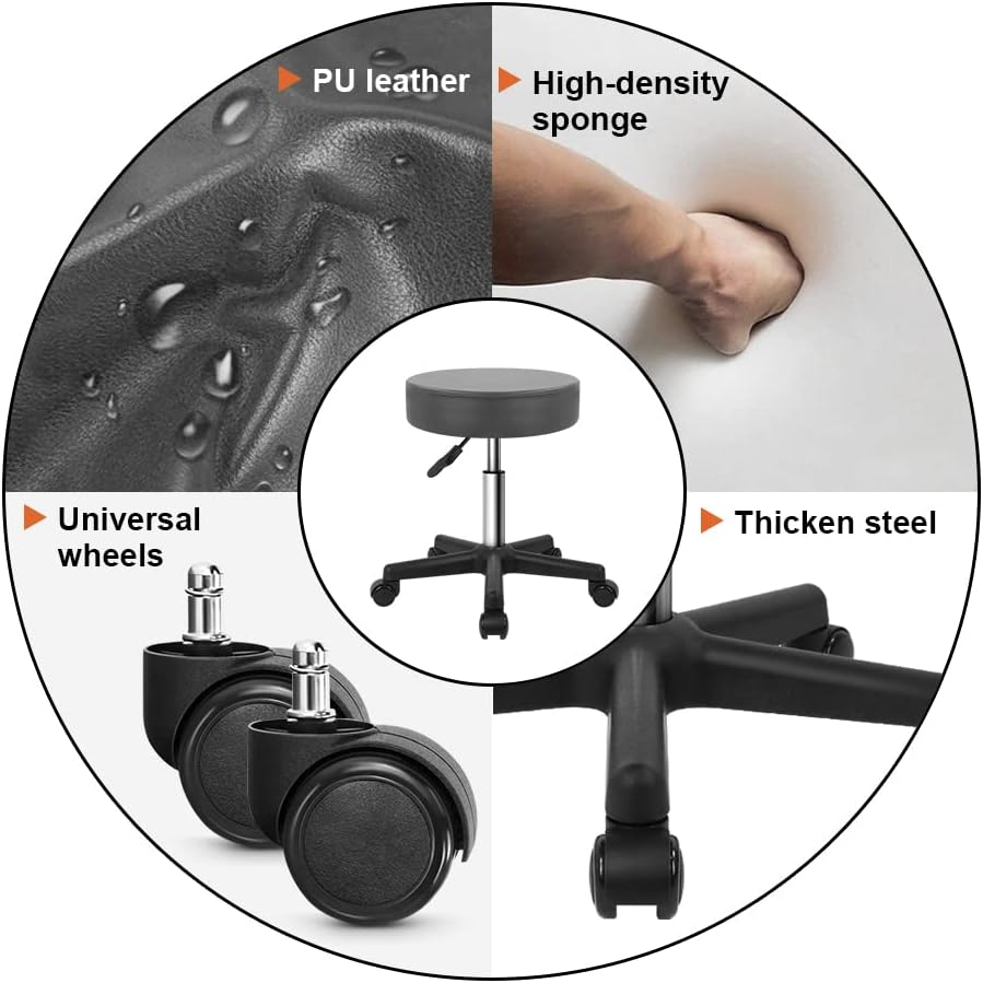 KKTONER round Rolling Stool PU Leather Height Adjustable Swivel Drafting Work SPA Salon Stools Chair with Wheels Gray