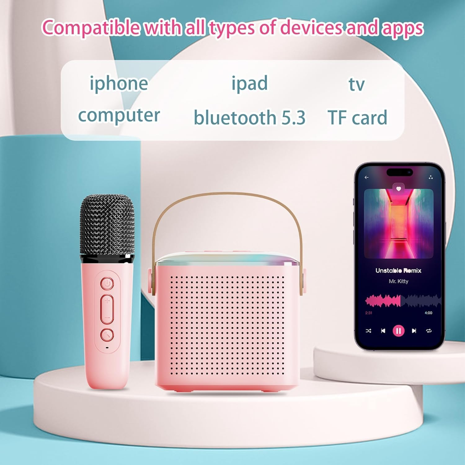 Mini Karaoke Machine,Portable Bluetooth Speaker with 2 Wireless Microphone, Funny Toys for Girls Boy Ages 4-12 Years Old, Led Lights, Gifts for Kids Birthday Christmas Home Party (Pink) - White image number 2