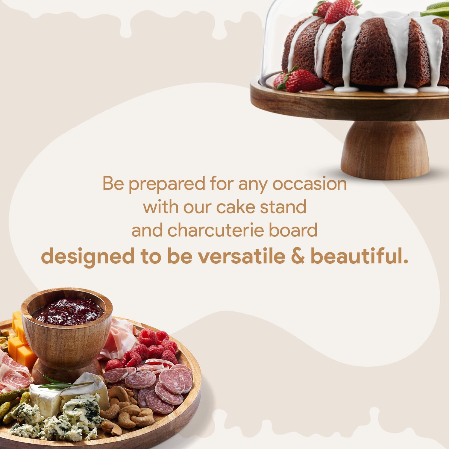 Acacia Wood Cake Stand with Lid - 12In round Cake Holder, 2-In-1 Dessert Table Display Set & Charcuterie Board for Cheese, Chips & Dips, Nachos, Fruit Platter, Large Acrylic Cake Dome Cover image number 5