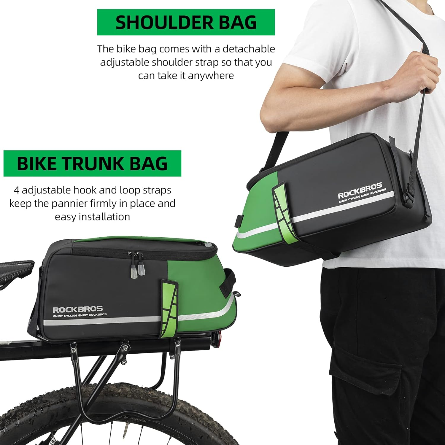 ROCKBROS Bike Rear Rack Bag Bike Trunk Bag Reflective Bicycle Rear Seat Saddle Bag Cycling Luggage Panniers with Shoulder Straps, Green Rain Cover image number 3