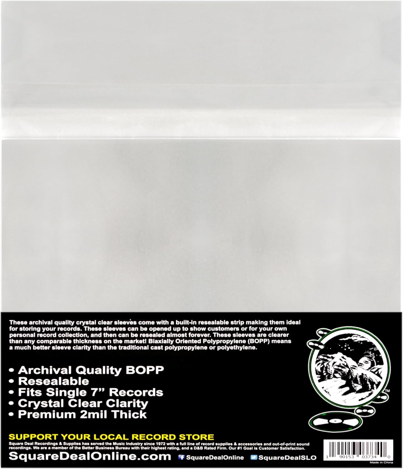 (100) 7" Resealable Record Outer Sleeves - Super Clear Premium 2 Mil Thick - Archival Quality BOPP - 7-3/8" X 7" + 1-1/2" Flap - 07SB02RS image number 5