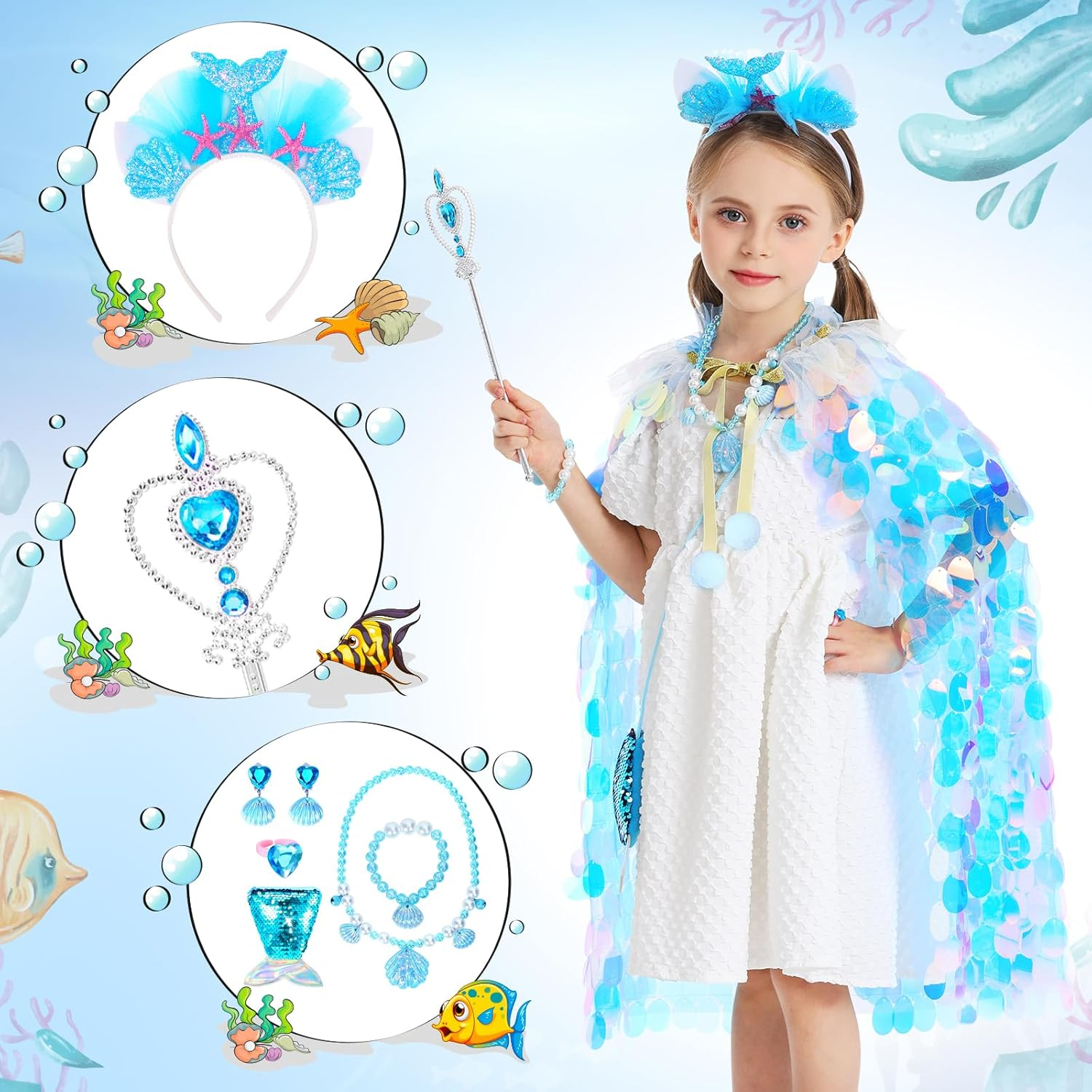 Princess Dress up Toys Princess Dress up Clothes Rainbow Mermaid Cape Kit 9 Pcs Gift Set for Little Girls 3-8 Years Old (Blue) - 11 - Cloak Rainbow Purple image number 4