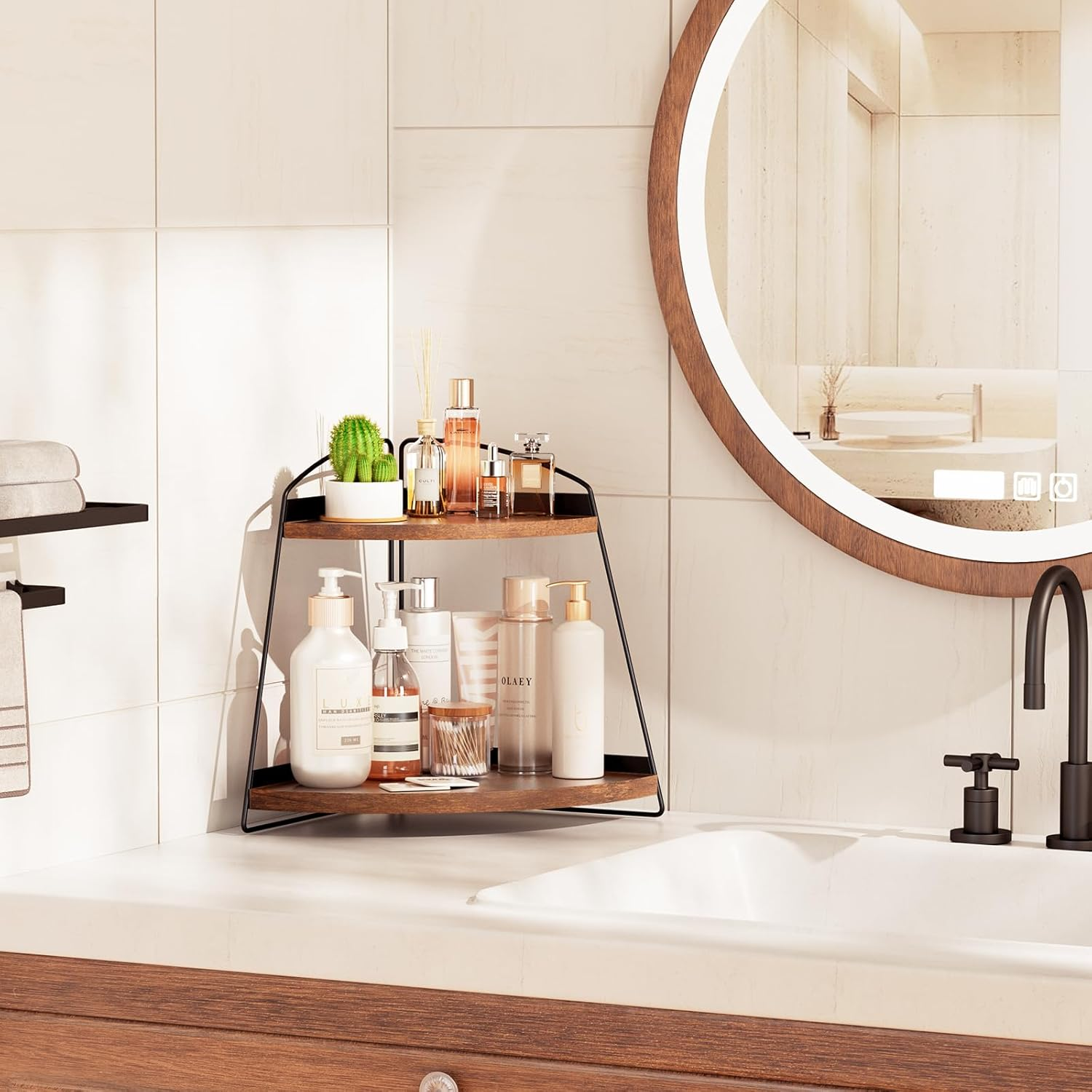 Puricon Corner Bathroom Counter Organizer, 2 Tier Corner Countertop Organizer Vanity Shelf, Wood Bathroom Organizers and Storage for Skincare -Brown image number 4