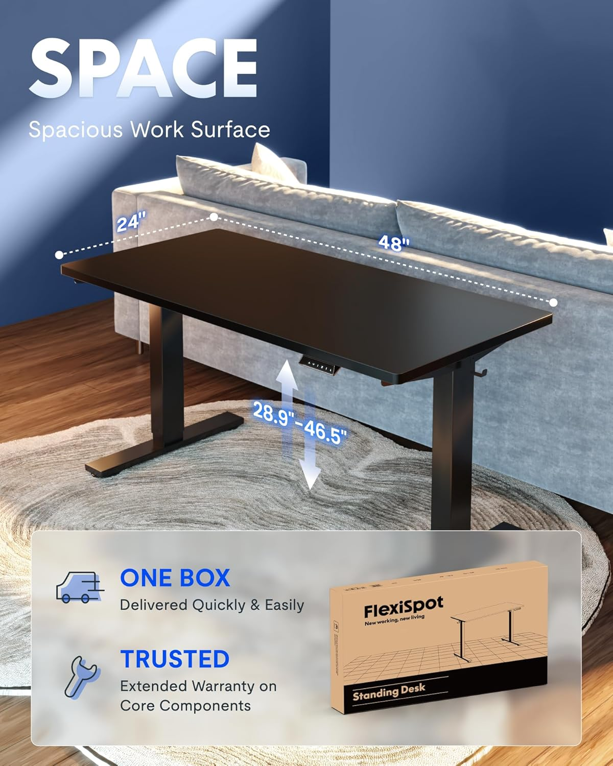 FLEXISPOT Electric Standing Desk 120&times;60Cm Height Adjustable Desk Sit Stand Desk Home Office Desks Whole-Piece Desk Board Black Frame + 120Cm Black Table Top image number 1