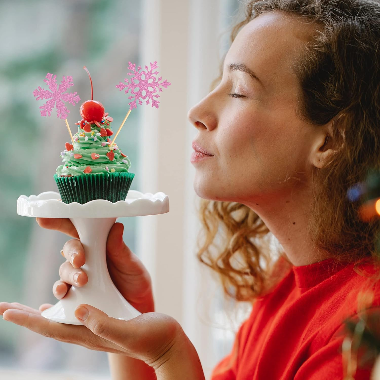 24 Pcs Snowflake Cupcake Toppers Pink Glitter 2 Styles Winter Theme Cupcake Picks Baby Shower Kids Birthday Party Christmas Cake Decorations Supplies image number 2