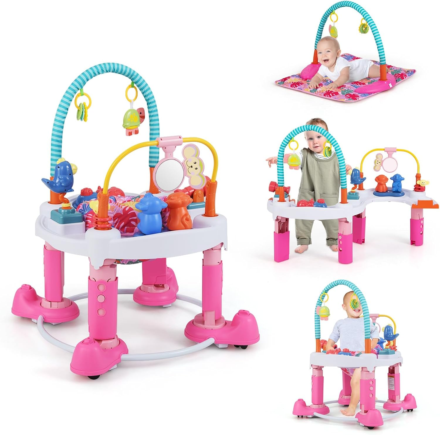 INFANS Baby Bouncer Activity Center, 5 in 1 Toddler Bouncing Activity Saucer Playtime Mat Activity Table with 360&deg;Rotating Seat, 3 Adjustable Height, Foldable Exersaucer Learning Walker (Light Grey)