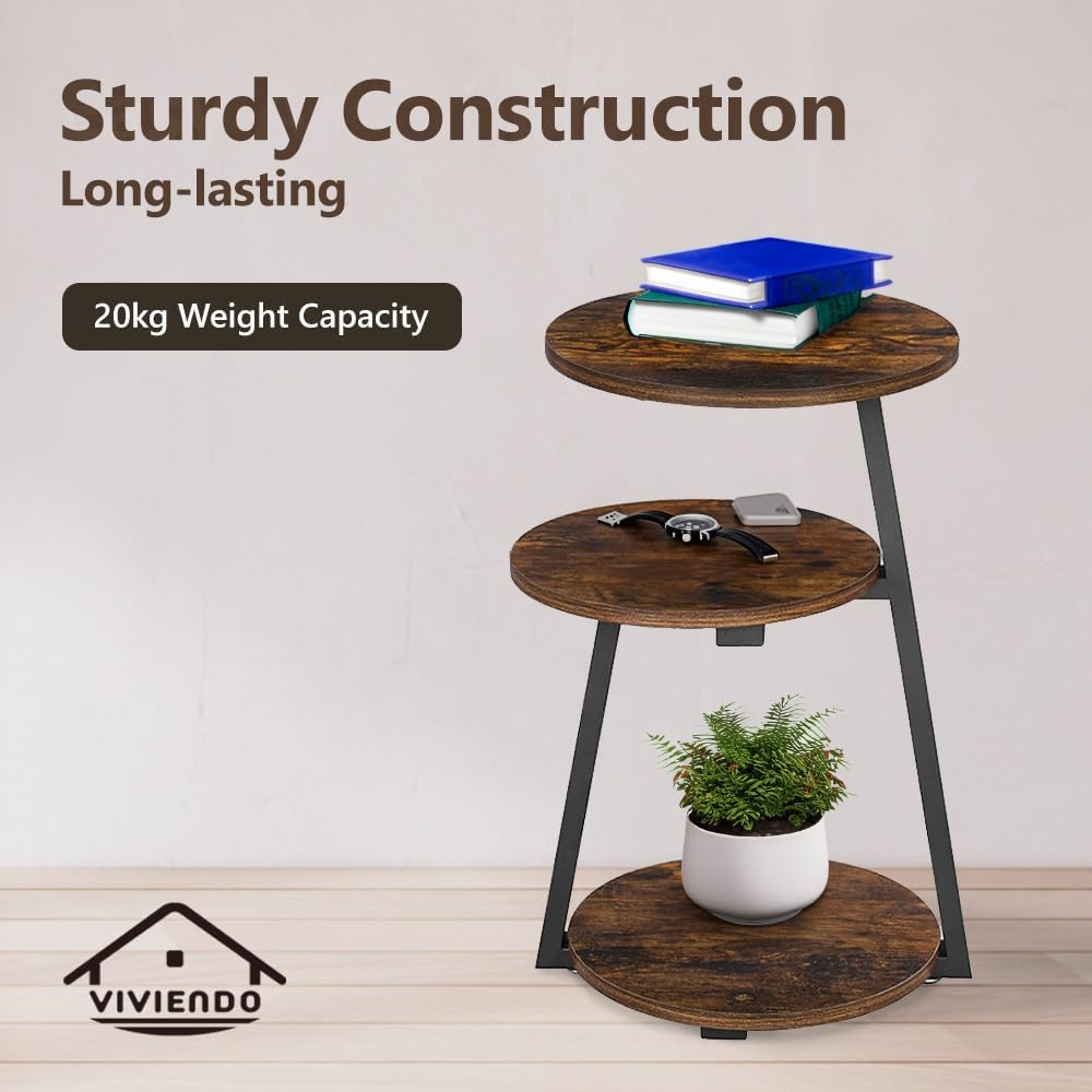 Viviendo 3-Tier Side Table, Industrial End Table for Living Room, Bedside Tables with Storage Shelves, Rustic Wooden Nightstand with Metal Frame image number 5