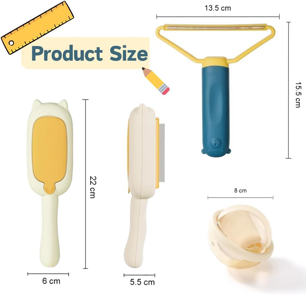 3-Piece Pet Hair Removal Set: Reusable Sticky Gel Lint Roller, Lint Remover Brush, and Double-Sided Carpet Rake Scrapper - for Furniture, Clothes, Carpets - Washable Portable Dog & Cat Fur Cleaner