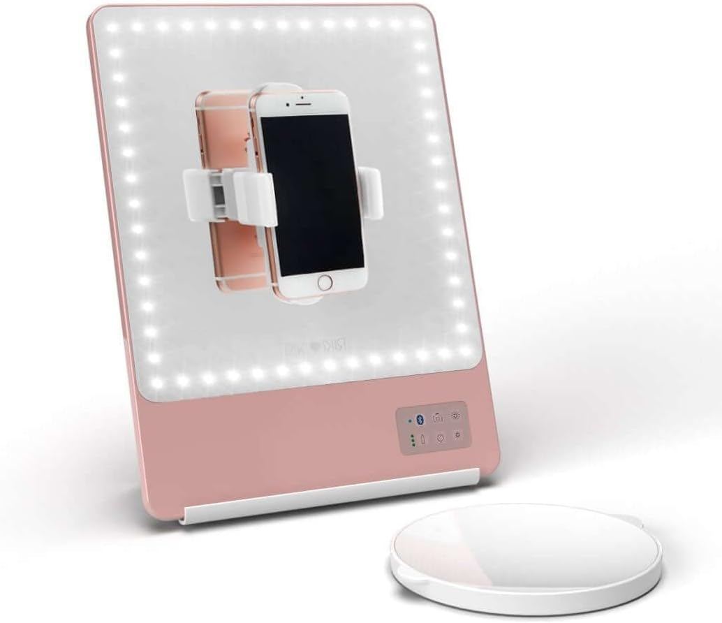 Riki Skinny Smart Vanity Mirror with HD Leds, Magnifying Mirror Attachment, Phone Holder and Bluetooth Control (5X Magnification, Champagne Gold)