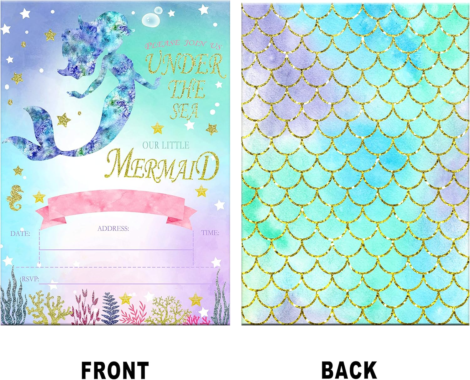 Mermaid Invitations with Envelopes,Magical Glitter Mermaid Party Invitations,20 Fill in Mermaid Birthday Invitation under the Sea Invitations image number 5