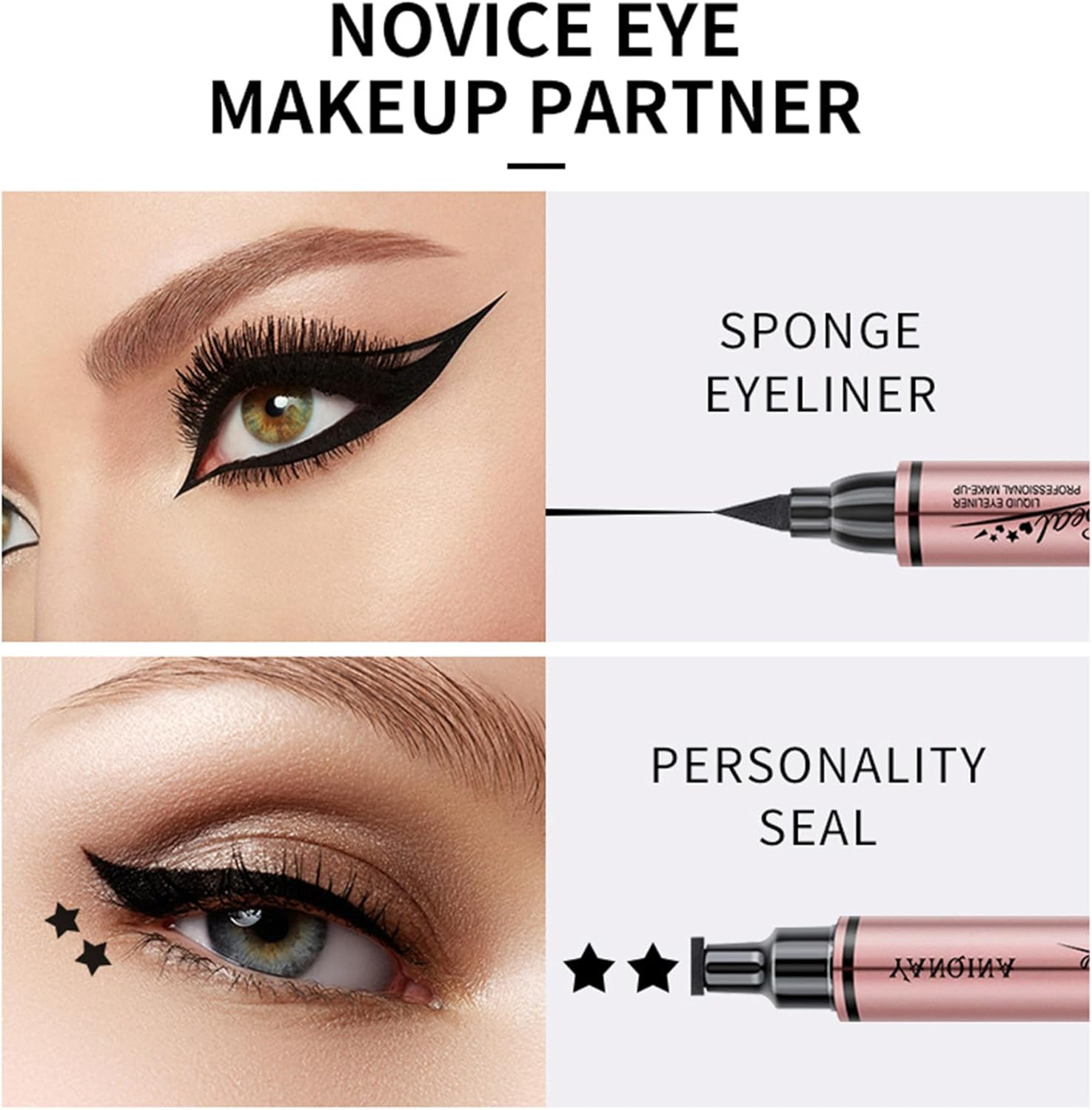 Dual-Ended Stamp Eyeliner Pen - Waterproof Quick-Dry Liquid Eyeliner with Stamp Design for Winged, Star, and Heart Patterns, Smudge-Proof and Easy to Apply