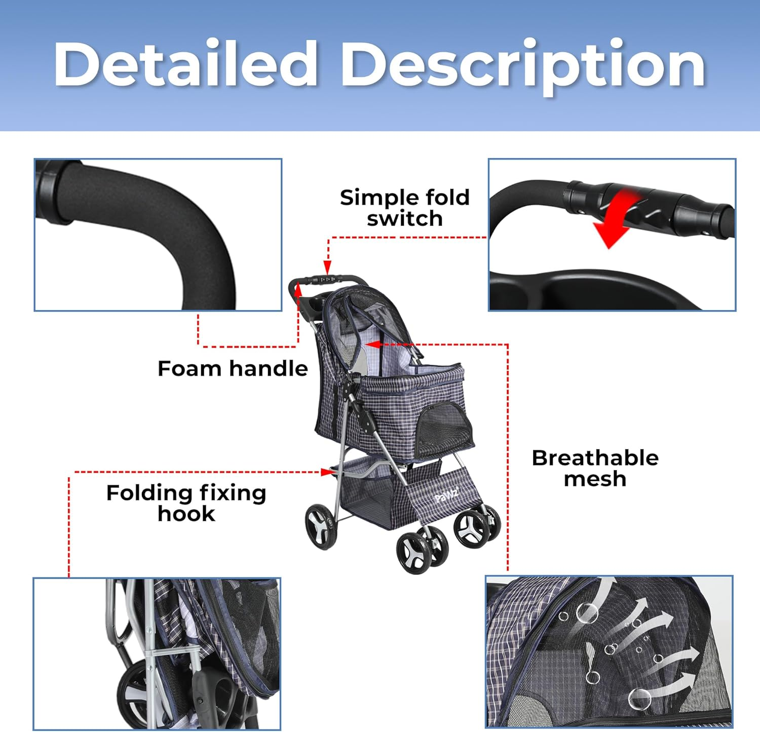 Pawz Large Pet Stroller Dog Cat Carrier Travel Pushchair Foldable Pram 4 Wheels, Travel Pet Pram with Seat Belts Buckle, Removable Cushion Dog Car Seat, Puppy Pushchair with Coffee Cup Holder image number 5