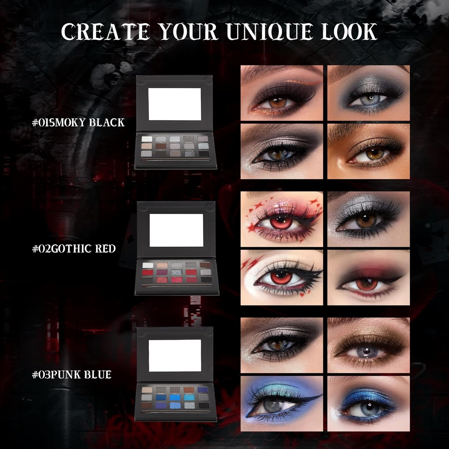 VANERIA Black Smokey Eye Shadow Palette,15 Colors Matte Glitter Metalli Eyeshadow Palette,Long Lasting Waterproof Pallete (Goth Red) image number 5