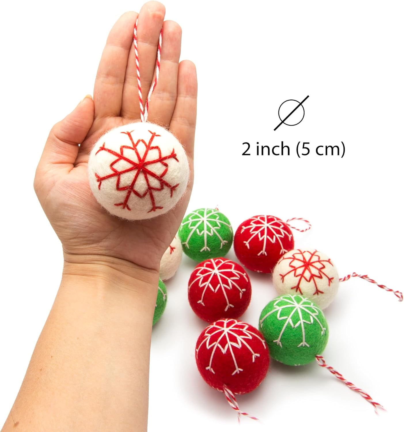 Glaciart One Felt Balls Snowflake Ornaments (9 Pieces) 2 Inch (5 Cm), 100% New Zealand Wool, 3 Colors Hand-Felted in Nepal - Christmas Party Banner Decoration - Scandinavian Wool Snowflake - Swirls  Dots image number 5