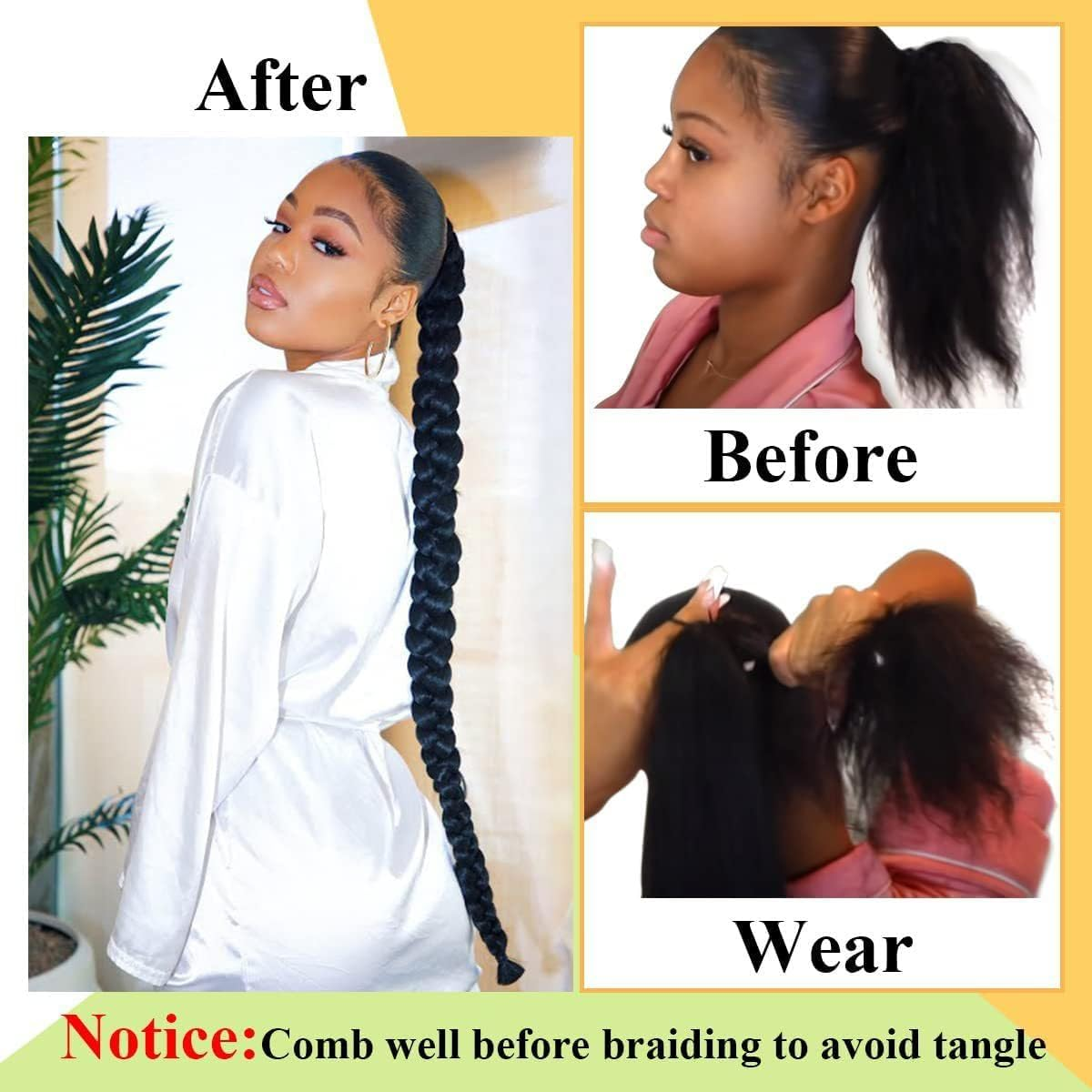 32 Inch Long Braided Ponytail Extension with Hair Tie Straight Wrap around Hair Extensions Ponytail Natural Soft Synthetic Hair Piece for Women Girls Daily Wear (Black) image number 6