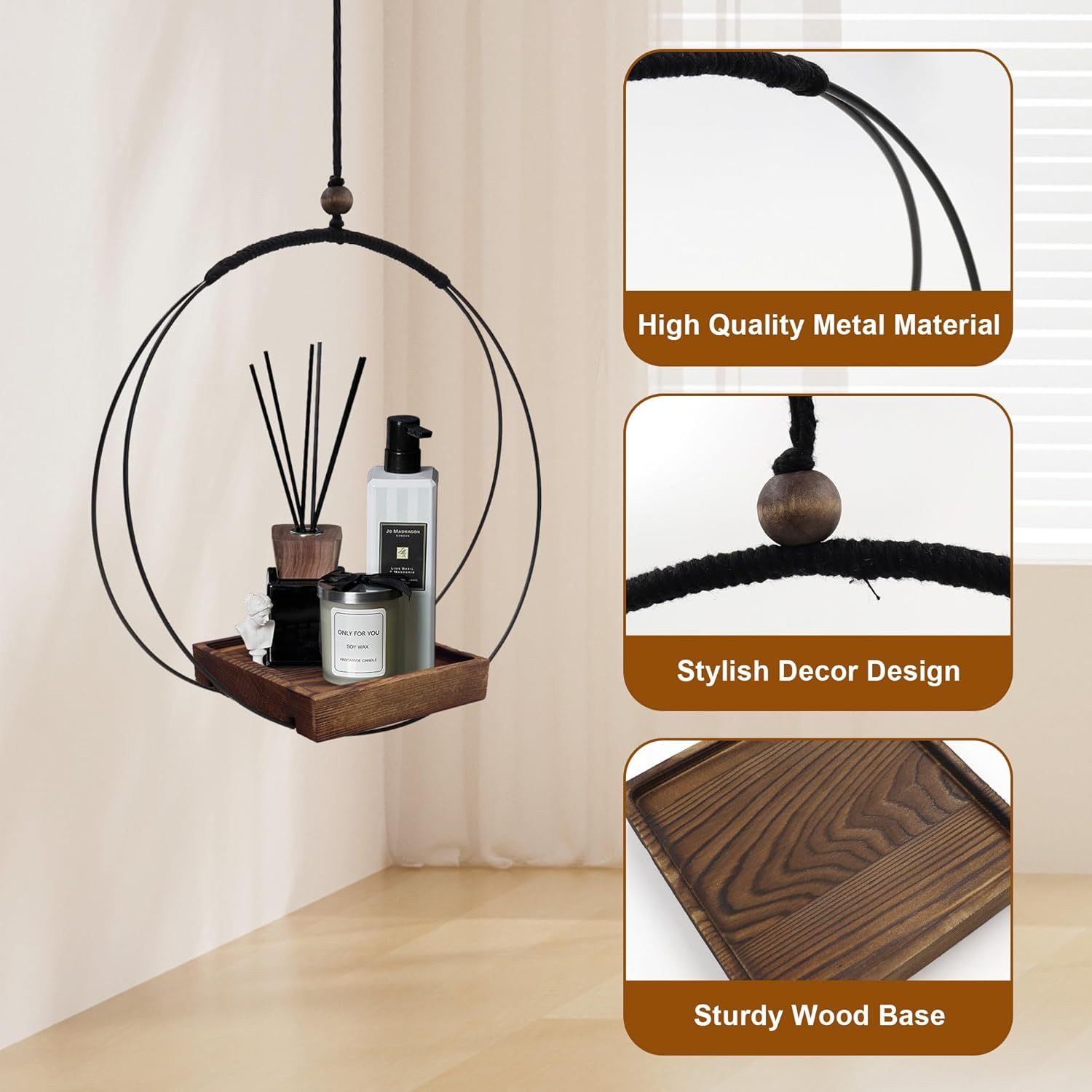 2 Pack Hanging Plant Holder, Metal Wall Hanging Planter with Wood Base, Plant Hangers Indoor, Hanging Flower Basket for Outdoors, Swinging Plant Pot for Room Ceilings Window (Brown) - Black image number 5
