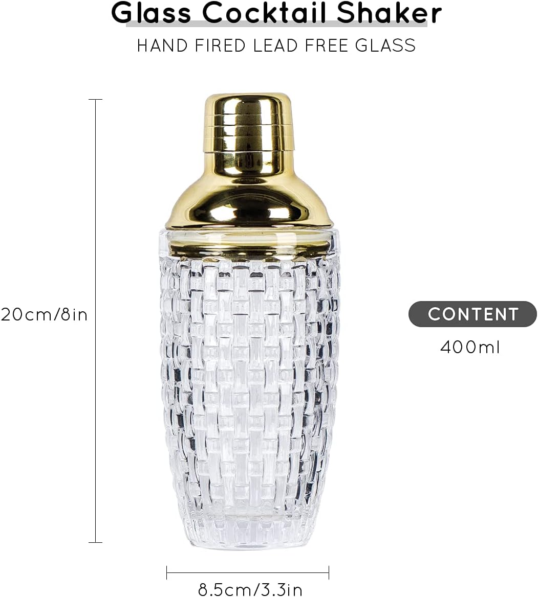 Glass Cocktail Shaker Kit, 13 Ounce Martini Mocktail Making Set with Leakproof Metallic Steel Lid & Strainer for Home Use & Bar Cart Gold - Silver image number 3