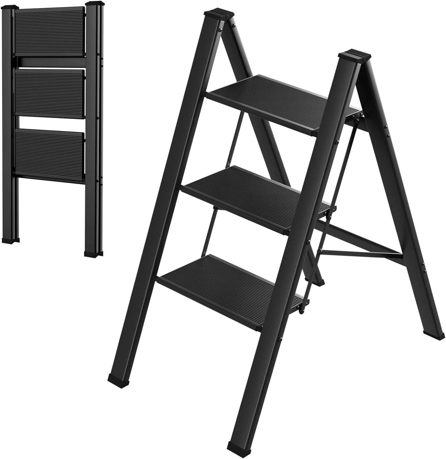 HOMIEST 3 Step Ladder, Folding Step Stool with Wide Anti-Slip Pedals, Aluminum Portable Lightweight Ladder for Home, Kitchen, Office, Sturdy Temporary Storage Shelf Rack, Max Capacity 330Lbs, Black image number 1
