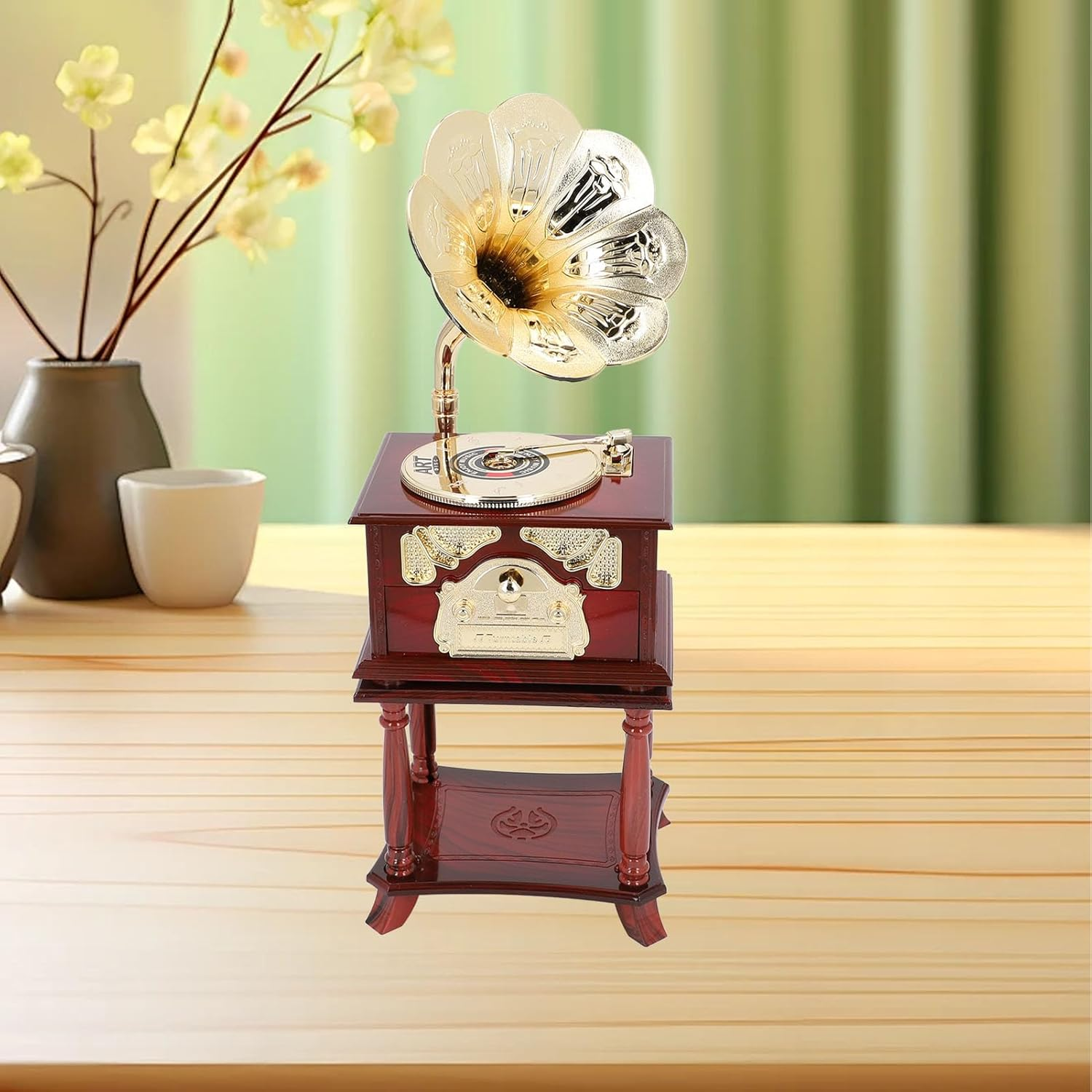 Vintage Gramophone Clockwork Music Box Mechanical Retro Phonograph Style Music Box with Handcrafted Details for Home Office Decor (Brown Gramophone with Base) image number 6