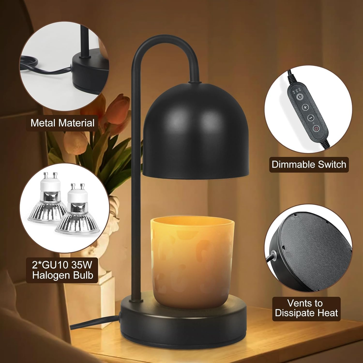 Dimmable Candle Warmer Lamp - Candle Wax Warmer with 2 * 50W Halogen Bulbs, Black Iron Base, for Bedroom & Living Room Decor image number 5