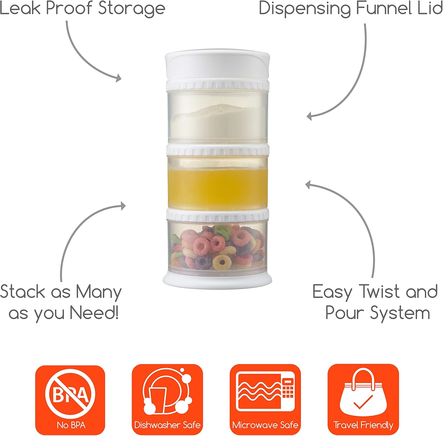 Innobaby Packin' Smart Stackable and Portable Storage System for Formula, Liquid, Baby Snacks and More. 3 Stackable Cups in White. BPA Free. image number 2