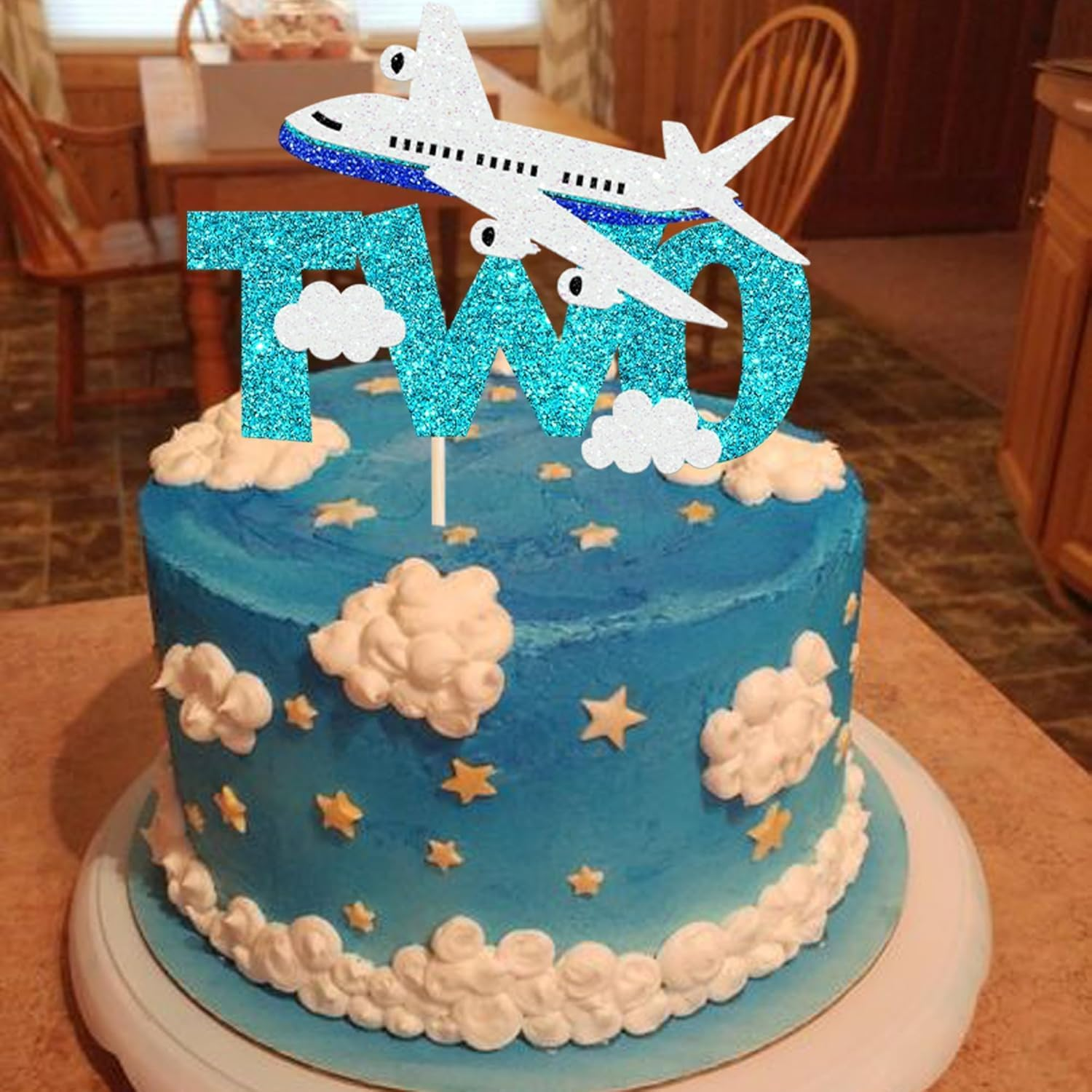 1 Pack Two Airplane Cake Topper Glitter Airplane Sign Oh How Time Files Cake Pick Second Birthday Cake Decorations for Plane Theme 2Nd Year Old Baby Shower Birthday Party Supplies image number 2