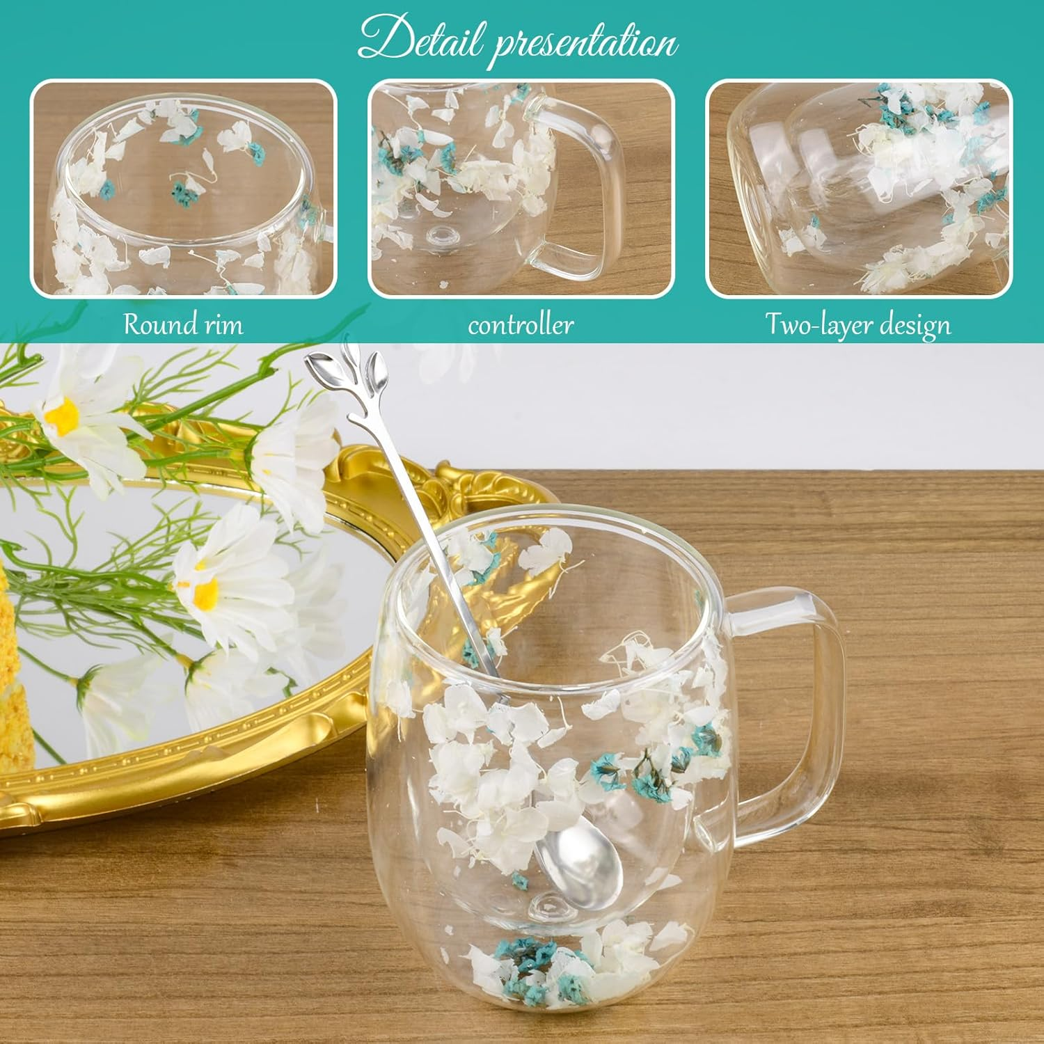 Dried Flowers Double Wall Glass Coffee Mugs Clear Cups, 350Ml Aesthetic Dried Flowers Insulated Tea Cups for Cappuccino Tea Espresso Latte Hot Beverages Glasses Birthday Gifts for Women Her image number 2