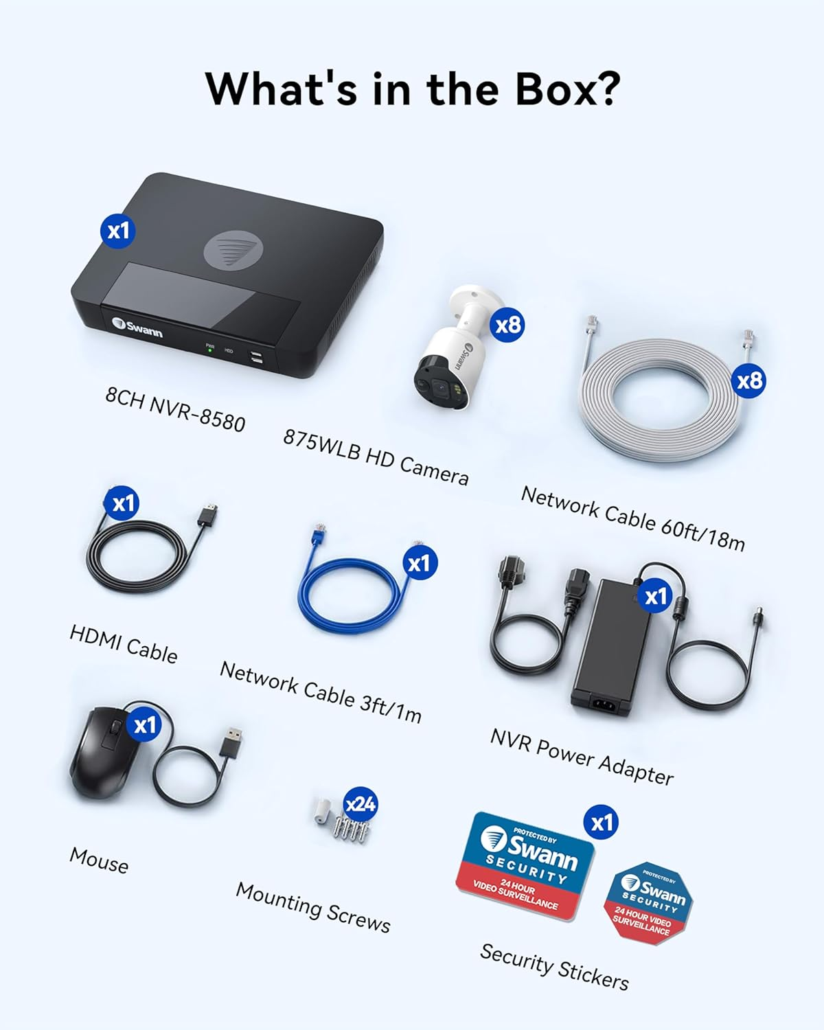 Swann 4K Master Security Camera System, 8Pcs Poe Bullet Cameras, 8CH Cat5E Wired NVR System with 2TB HDD, Sensor Spotlights, Color Night Vision, 24/7 Home Surveillance, True Detect, Indoor/Outdoor