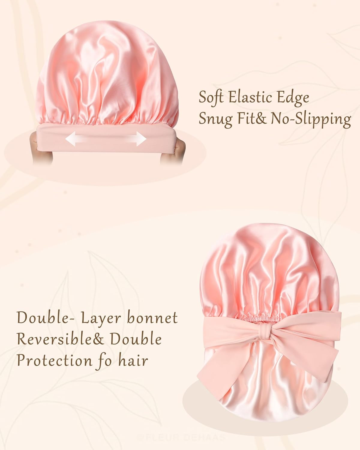 Reversible Satin Bonnet for Sleeping Women Double Layer Hair Bonnet with 2PCS Hair Scrunchies Elastic Tie Band Night Cap, Apricot Powder+Champagne