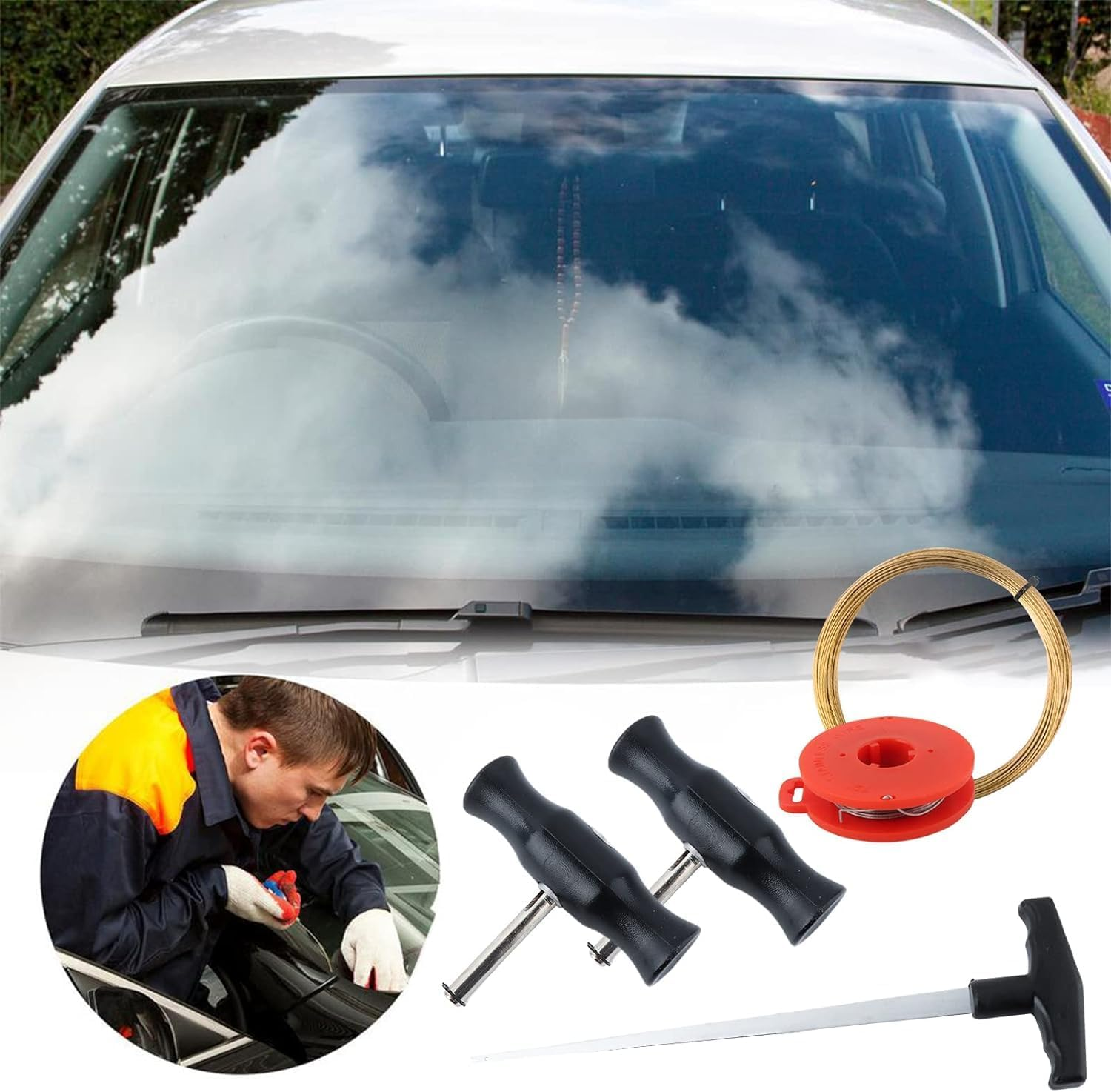 QKTYB Windscreen Chip Repair Kit Windshield Removal Tools Kit Windscreen Window Glass Cutting Wire W/Handles for Car Tool Kit 5&times;Universal Windshield Tool Kit Windshield Disassembly Tool image number 1