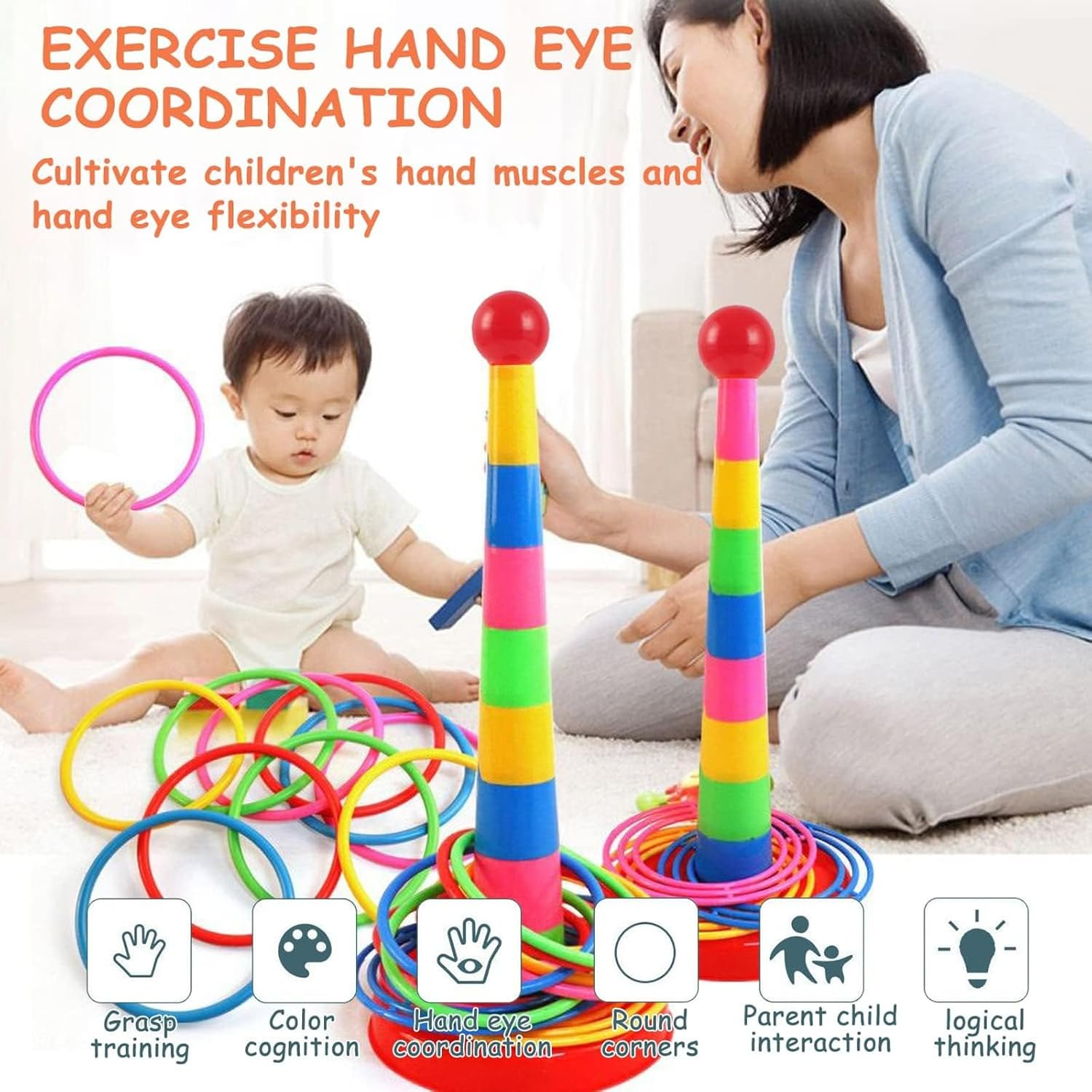 2 Color Columns + 48 Circles, Colorful Happy Circle Game,Children'S Play Park, Christmas Party Birthday Party Gift. Suitable for Indoor Holiday Games Family Christmas Party Games image number 3