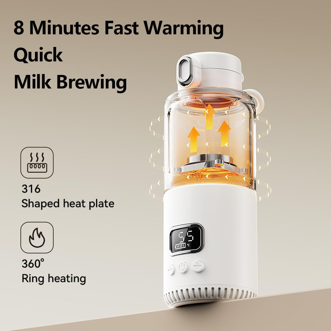 Temperature Control Milk Warmer,Portable Heating Cup with LCD Display 37&deg;C-55&deg;C Water Warmer for Instant Breastmilk, Formula with 12 Ounces Big Capacity image number 5