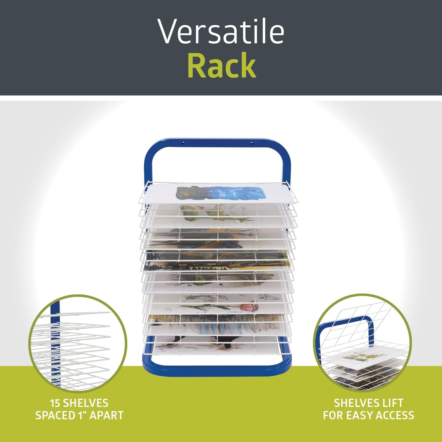 Pearington Tabletop or Wall Mount 15-Shelf Art Drying Rack, Heavy-Duty Steel Space-Saving Art Rack for Classrooms and Art Studios, Blue image number 2