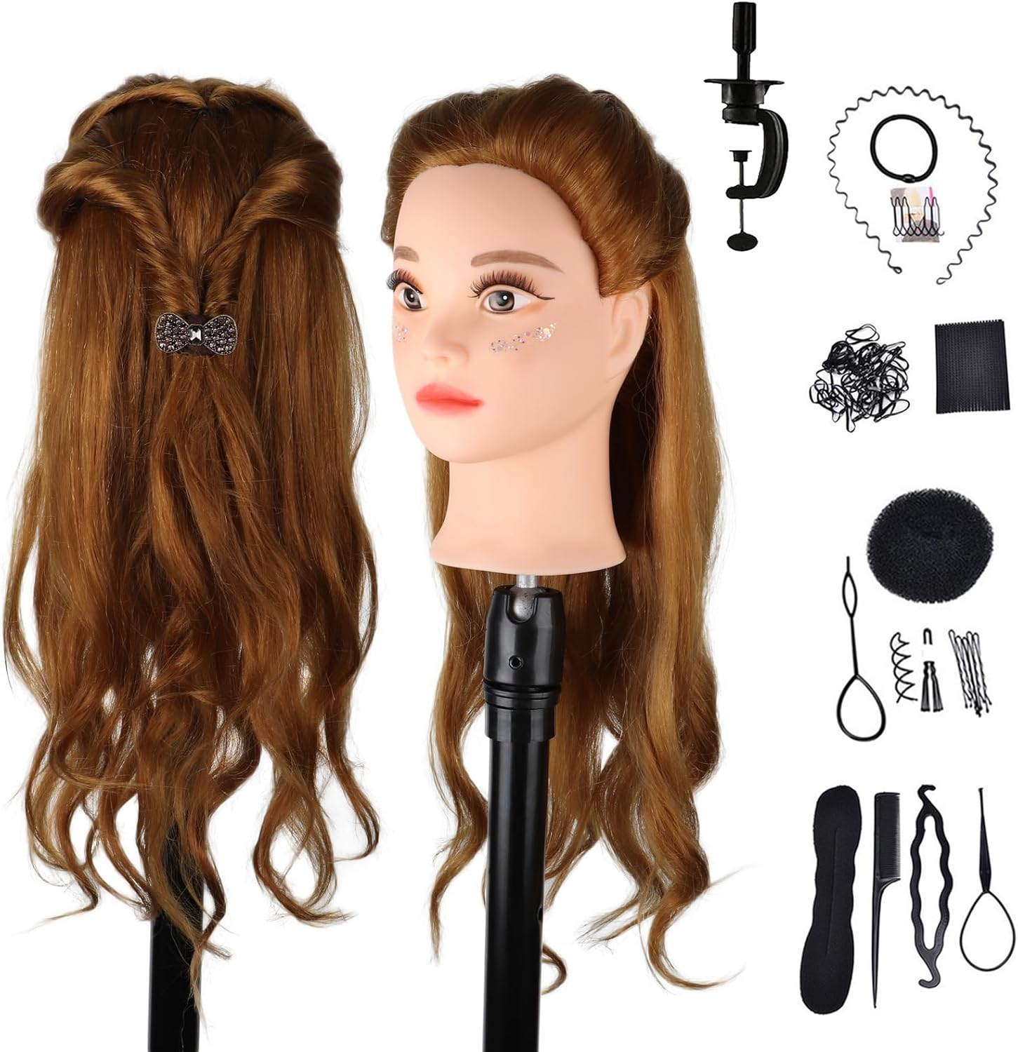 Hair Styling Training Head, 23" Dark Brown Cosmetology Mannequin Head Hairdressing Manikin Doll Head with Clamp & Styling Tools (Brown without Makeup)