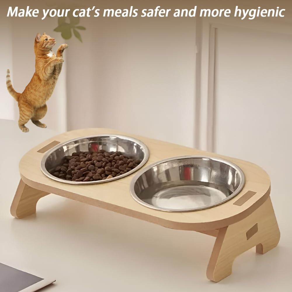 Elevated Cat Bowls Raised Cat Food Bowls, 15&deg;Tilted Stainless Steel Cat Bowls for Cats Puppy Small Dogs, Wooden Cat Food and Water Bowl Stand Feeder image number 4