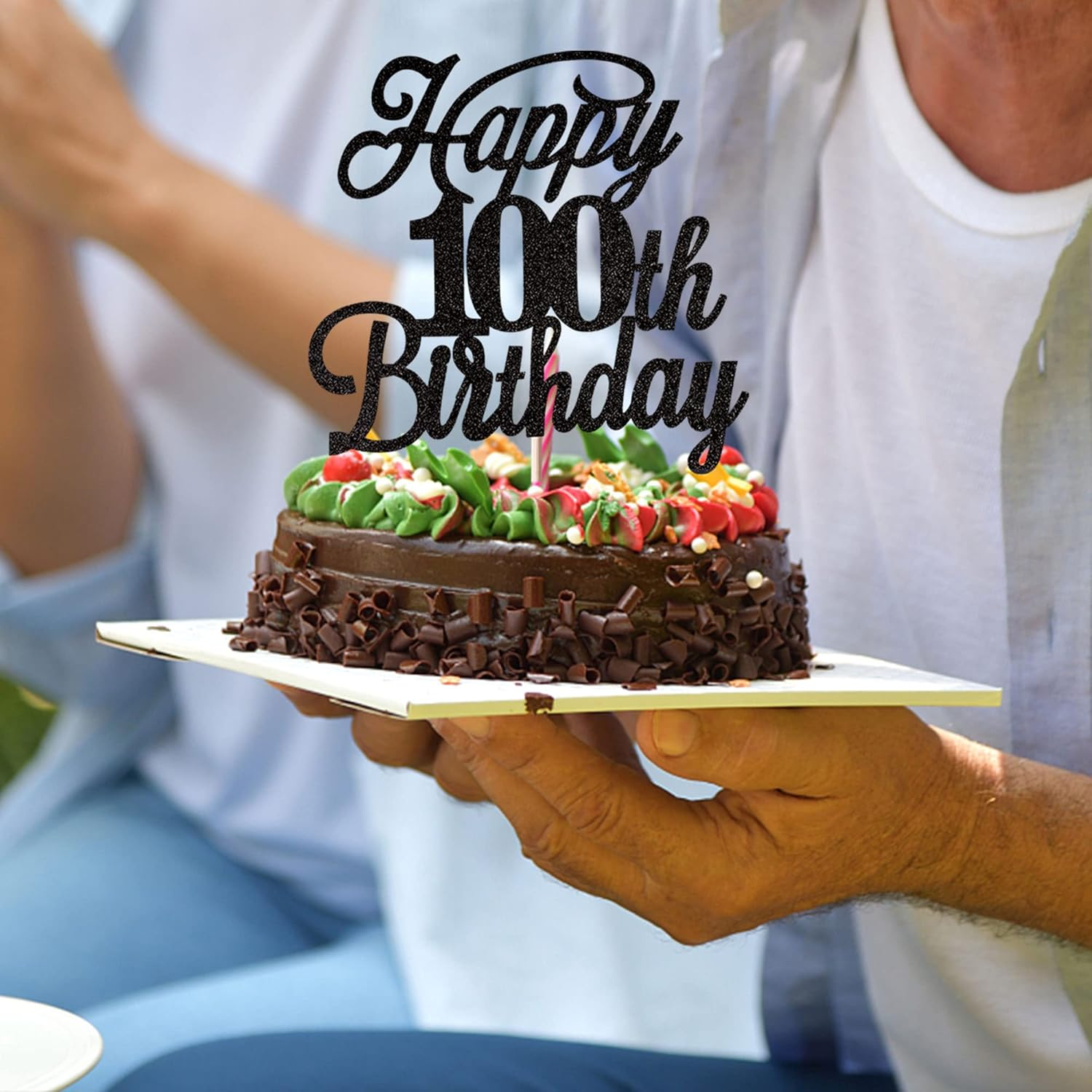 Rsstarxi 1 Pack Happy 100Th Birthday Cake Topper Black Glitter 100 & Fabulous Cheers to Years Old Pick for Celebrating 100Th Anniversary Party Decorations Supplies, Black 100Th (Xm063-Black 100Th) image number 1