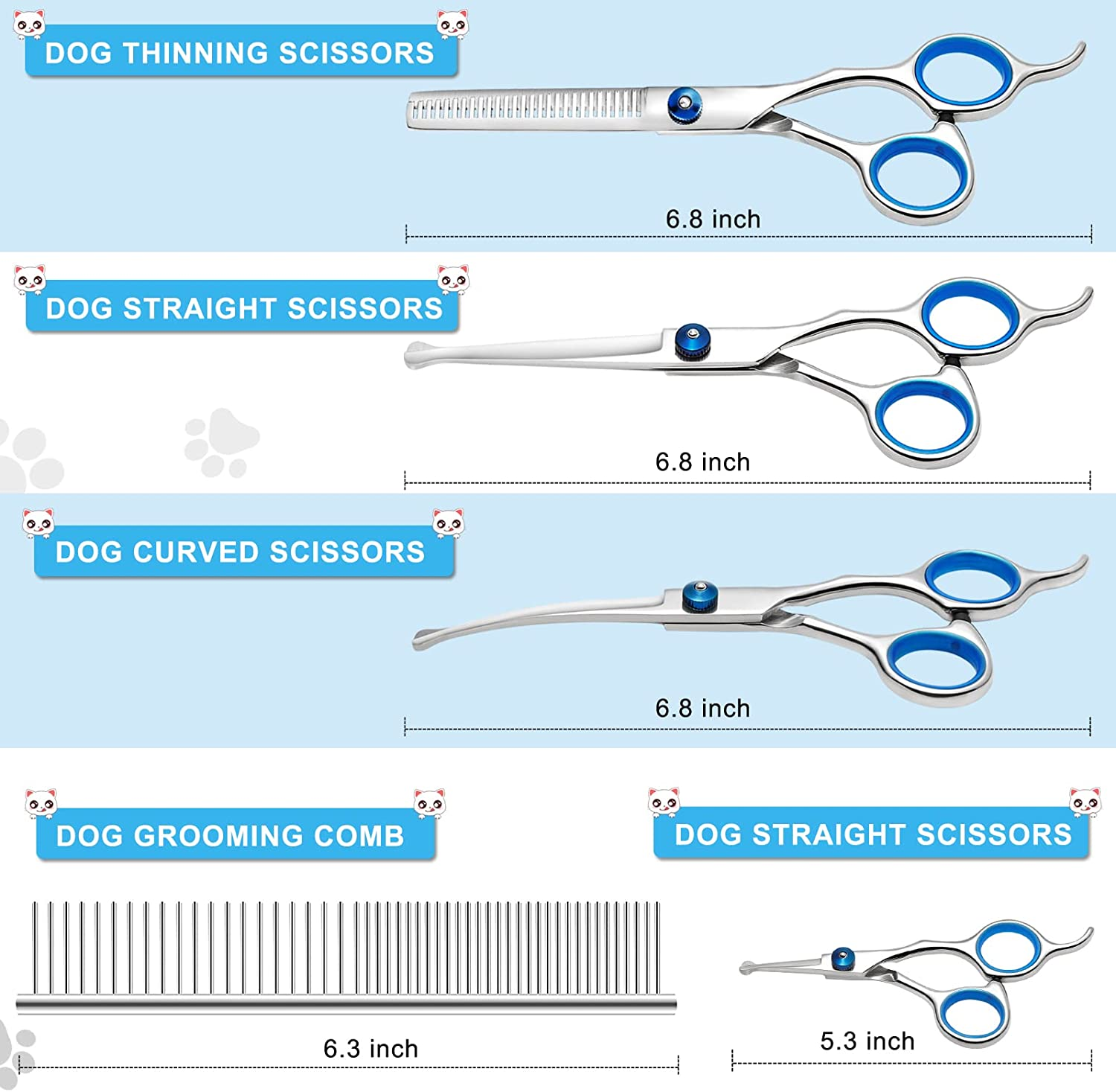 Liren Professional 6 in 1 Dog Grooming Scissors Kit with Safety round Tips, Heavy Duty Stainless Steel Sharp and Durable Pet Grooming Shears for Dogs and Cats image number 5