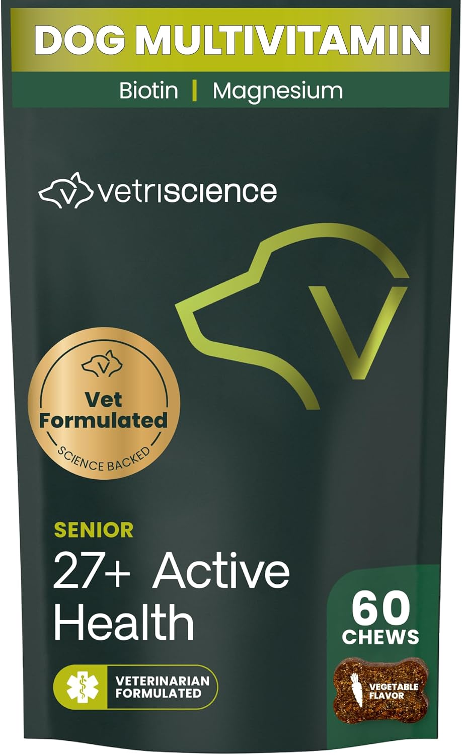 Vetriscience Senior 27+ Active Health Chews, Canine plus Daily Multivitamin for Senior Dogs, Balanced Vitamins, Minerals and Antioxidants, Healthy Aging and Wellness Support, Veggie, 60 Count image number 1