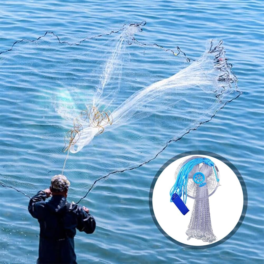 Saltwater Fishing Cast Net, Saltwater Casting Nets, Easy Throw Monofilament Line with Steel Chain Sinker, Fishing Cast Net with Flying Disc, Quick Throw Mesh for Bait Trap Fish image number 1